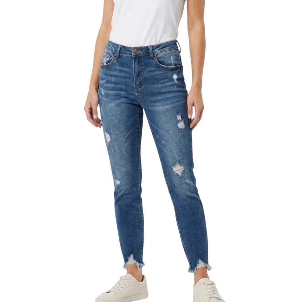 Risen Distressed Skinny Jeans Women 11 30‎ Blue Raw V-Cut Hem High Rise RDP1235